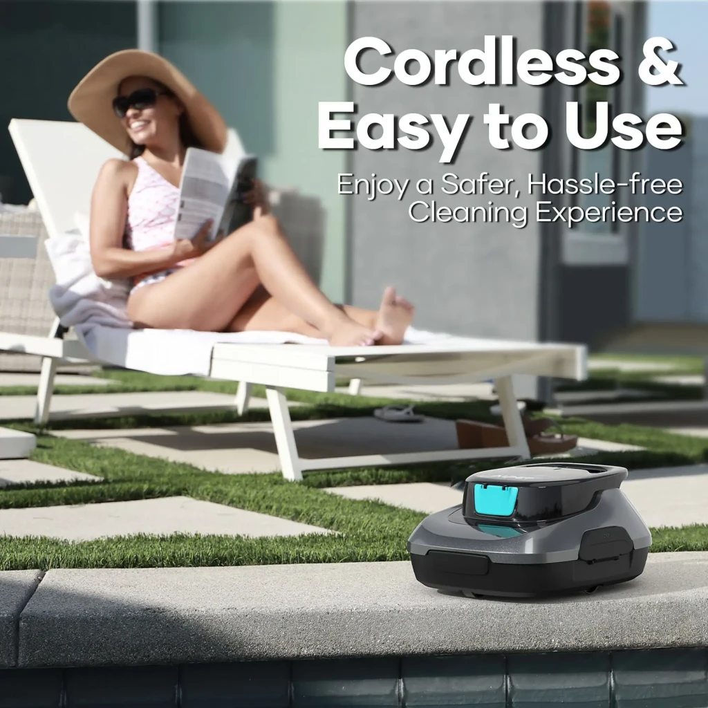 Aiper Scuba SE Robot Aspirador Inalámbrico Gris con diseño compacto, cuerpo gris oscuro y ventana frontal azul; ideal para limpieza eficiente en exteriores