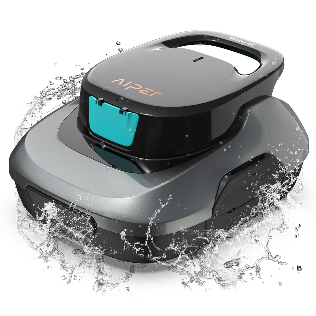 Aiper Scuba SE Robot Aspirador Inalámbrico Gris, diseño compacto y aerodinámico, carcasa gris con tapa negra, resistente al agua con salpicaduras visibles