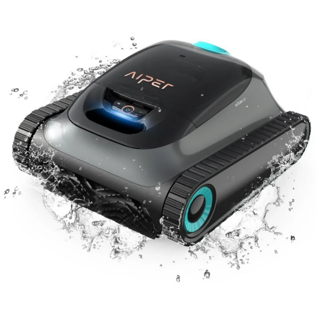 Aiper Scuba S1 2025 Robot Aspirador WavePath 2.0 con orugas laterales, carcasa gris negra, luz LED frontal azul y diseño resistente al agua para limpieza