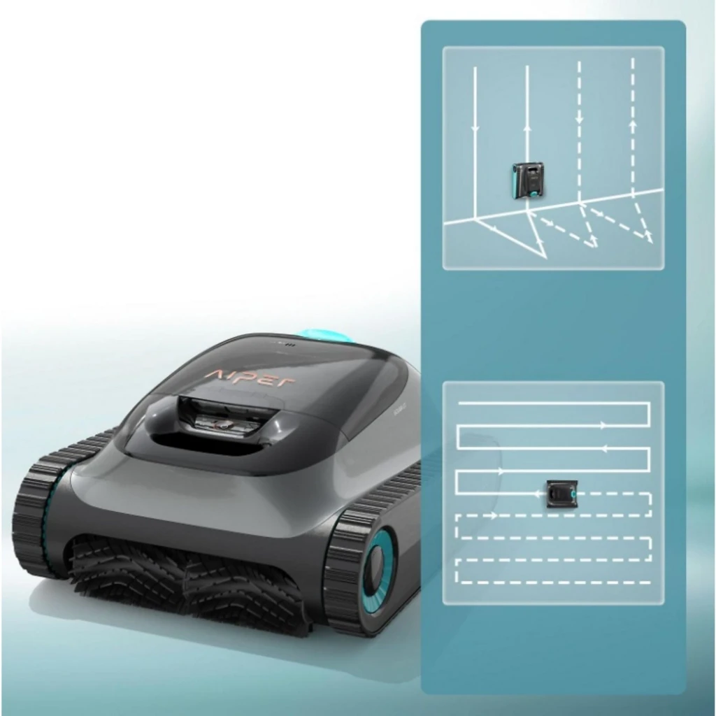 Aiper Scuba S1 2025 Robot Aspirador WavePath 2.0 gris con orugas laterales, cepillos frontales dobles y diagrama de rutas inteligentes para limpieza eficiente