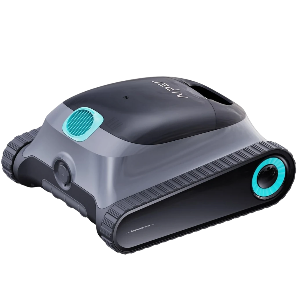 Aiper Scuba S1 2025 Robot Aspirador WavePath 2.0 en gris y negro, diseño compacto con orugas laterales y detalles turquesa, rejilla frontal y carcasa