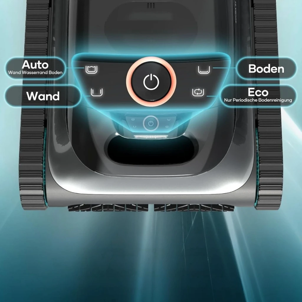 Aiper Scuba S1 2025 Robot Aspirador WavePath 2.0 con panel central iluminado, botón de encendido y modos Auto, Pared, Suelo y Eco sobre orugas robustas