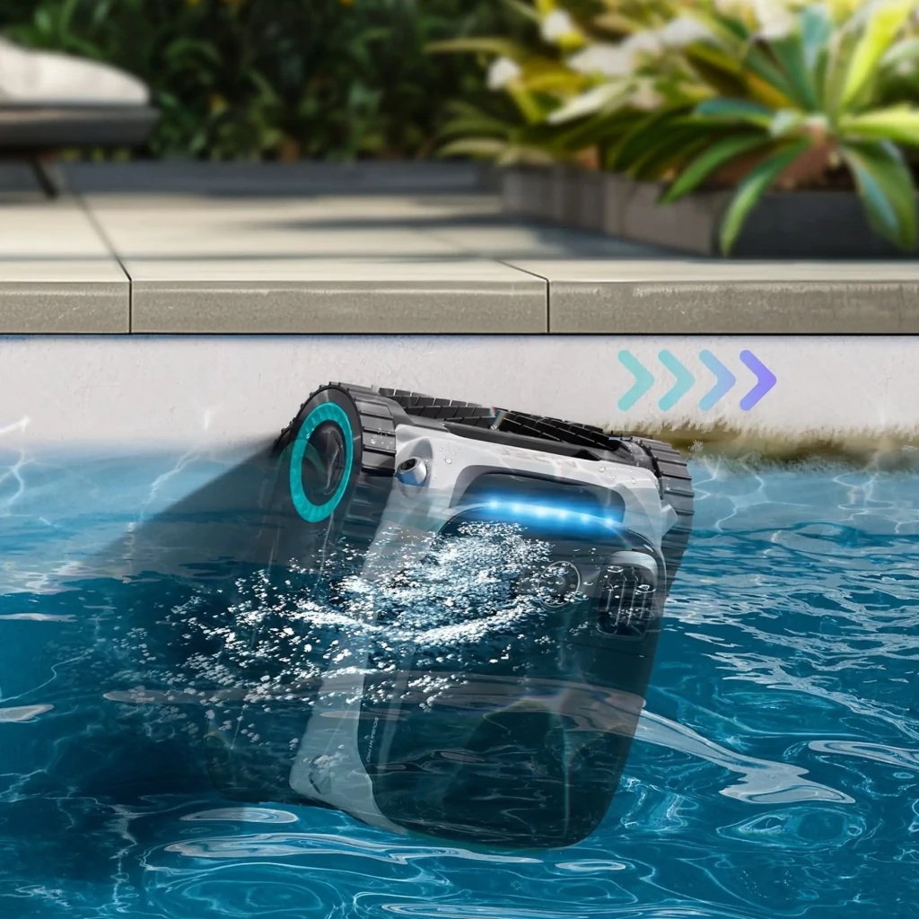 Aiper Scuba S1 Pro 2025 Robot Aspirador 379 LPM limpiando pared de piscina; diseño compacto gris con oruga negra, luz LED azul y chorro direccional