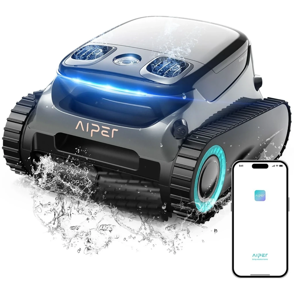 Aiper Scuba S1 Pro 2025 Robot Aspirador 379 LPM con orugas robustas, carcasa gris, luz LED frontal azul y control por app; salpicaduras indican uso acuático