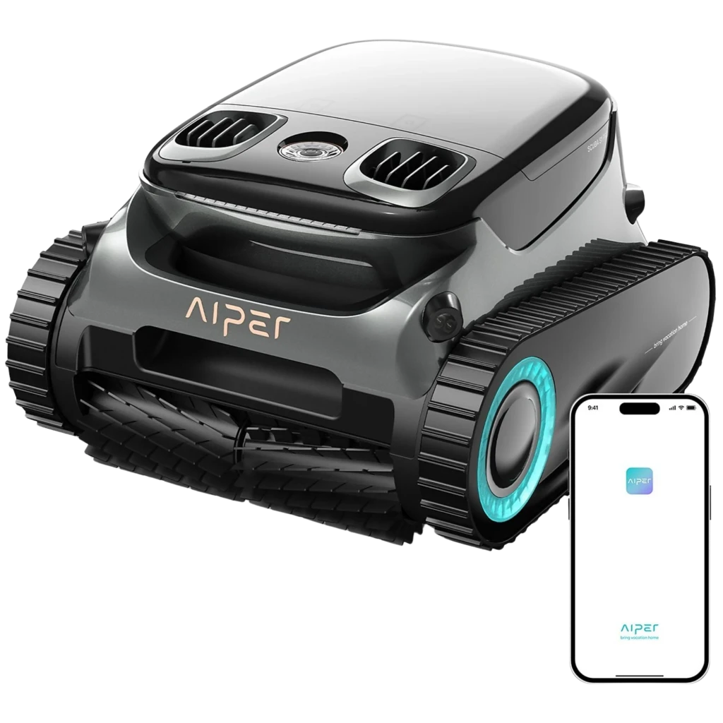 Aiper Scuba S1 Pro 2025 Robot Aspirador 379 LPM en gris oscuro con orugas robustas, rejillas superiores dobles y aro LED turquesa; incluye control por app