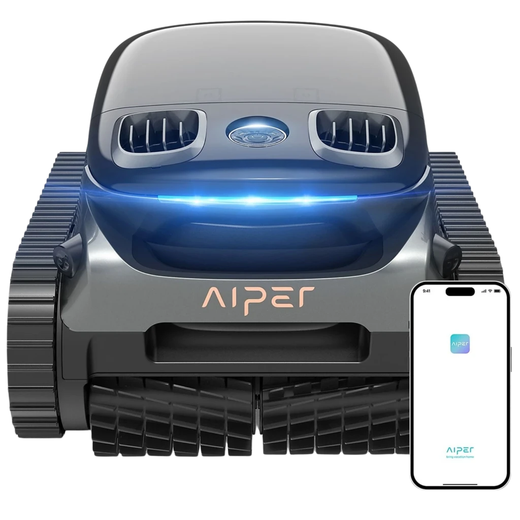 Aiper Scuba S1 Pro 2025 Robot Aspirador 379 LPM con diseño gris, oruga de tracción, cepillos frontales, luz LED azul y control mediante app móvil