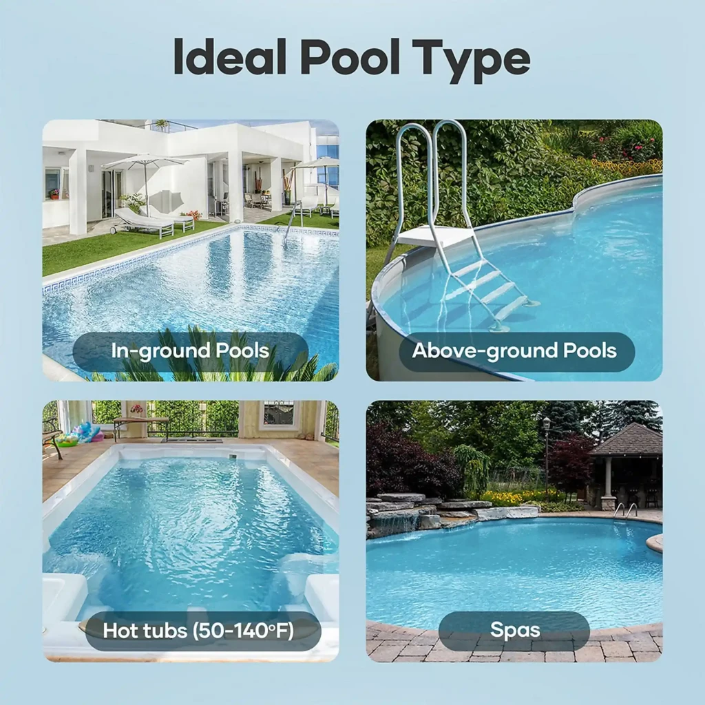 Guía visual de compatibilidad del Aiper Pilot X1: apto para piscinas enterradas, elevadas, jacuzzis 50-140 °F y spas; destaca escaleras y bordes curvos