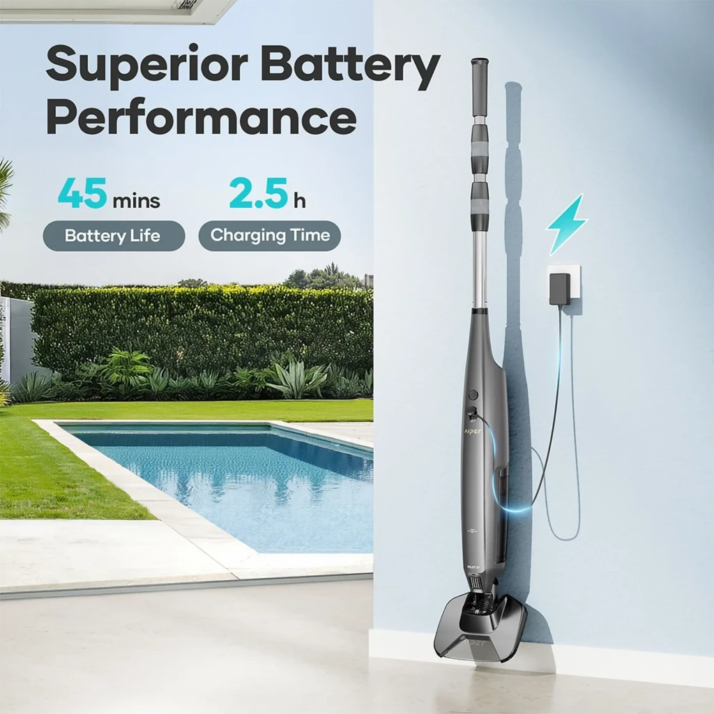 Aiper Pilot X1 Aspirador Manual de Piscina Inalámbrico 45 min con base de carga, diseño gris estilizado, poste telescópico y luz indicadora de batería