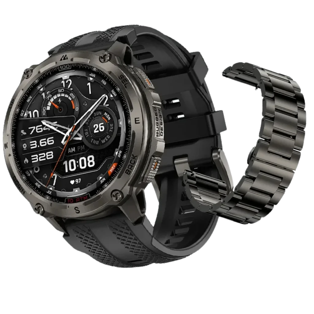 Smartwatch Kospet Tank T4 Special Edition negro con pantalla AMOLED 1,43 pulgadas, bisel robusto metálico, correa de silicona y correa extra de eslabones