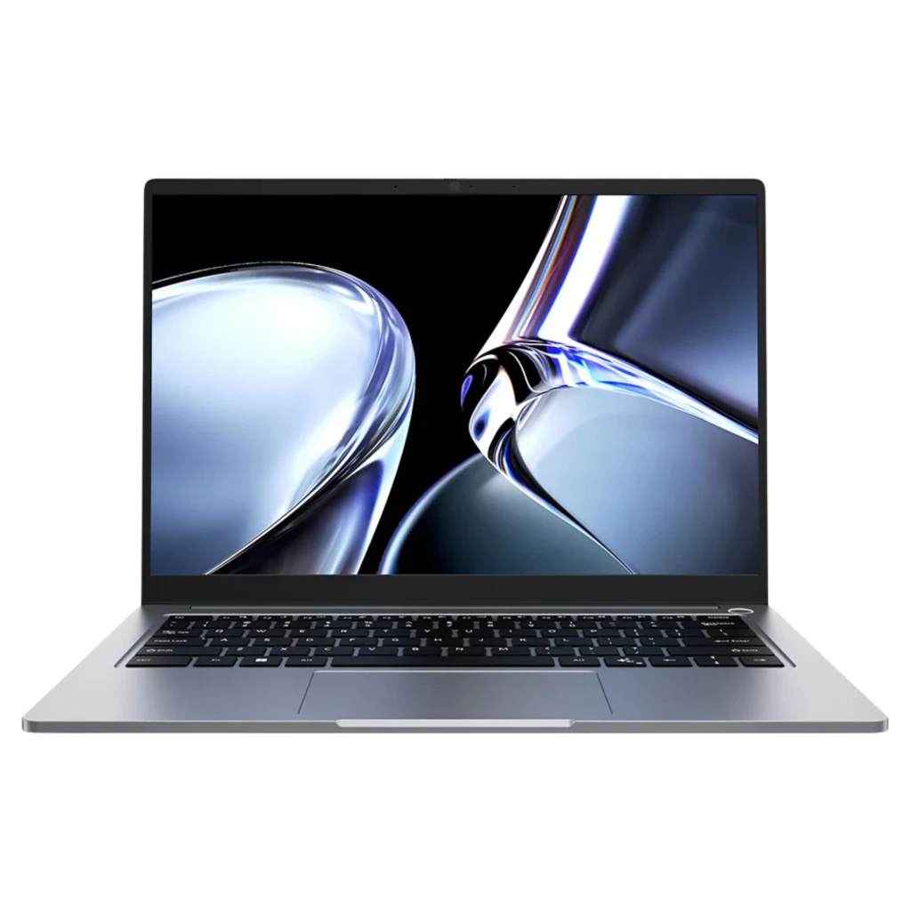 Chuwi CoreBook Air 14 pol em alumínio cinza, tela fina com bordas estreitas, teclado retroiluminado e touchpad amplo; design moderno e minimalista