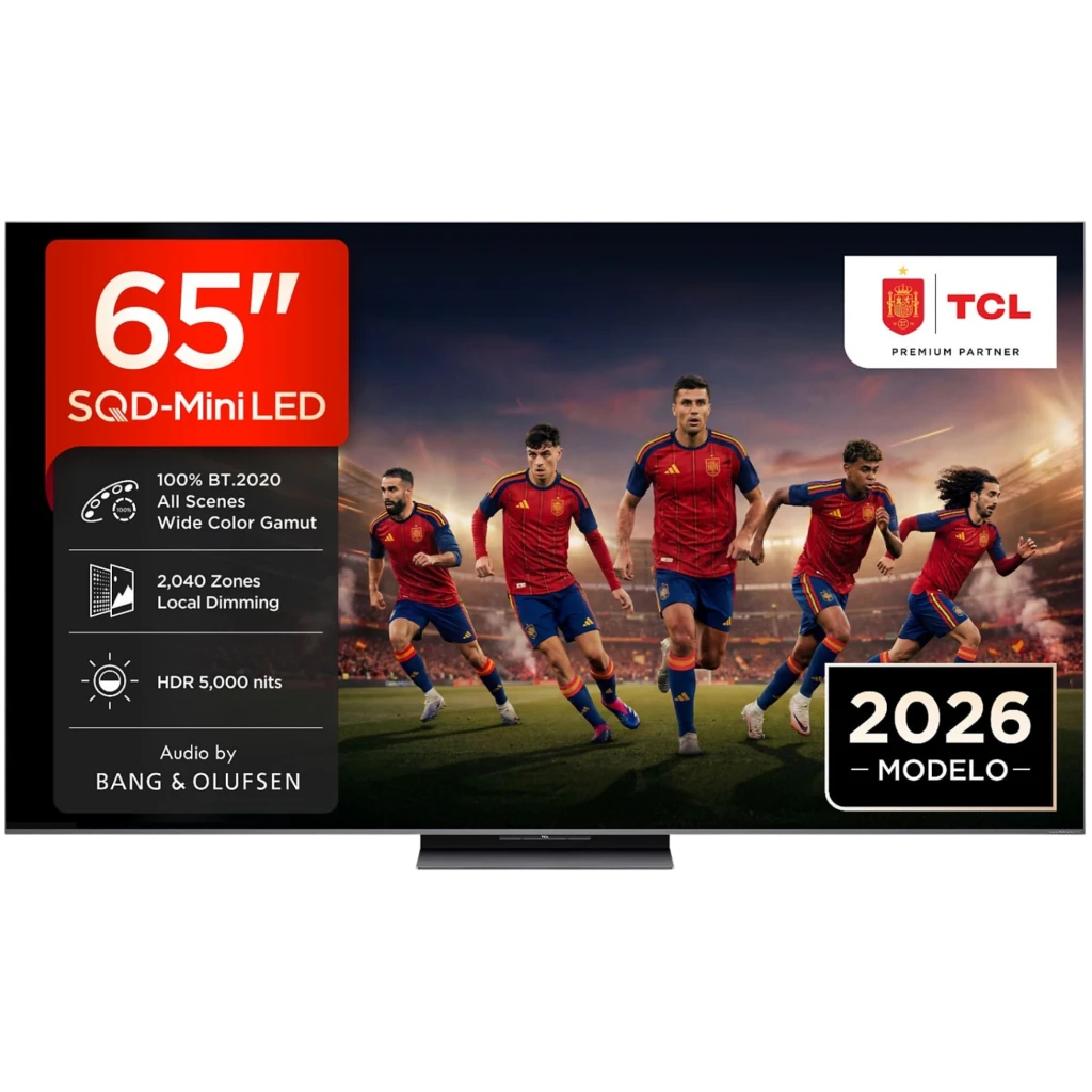 TCL 65C8L Smart TV QD‑Mini LED 65" 4K negro con biseles finos, HDR brillante hasta 3000 nits, atenuación local 1008 zonas y audio Bang & Olufsen