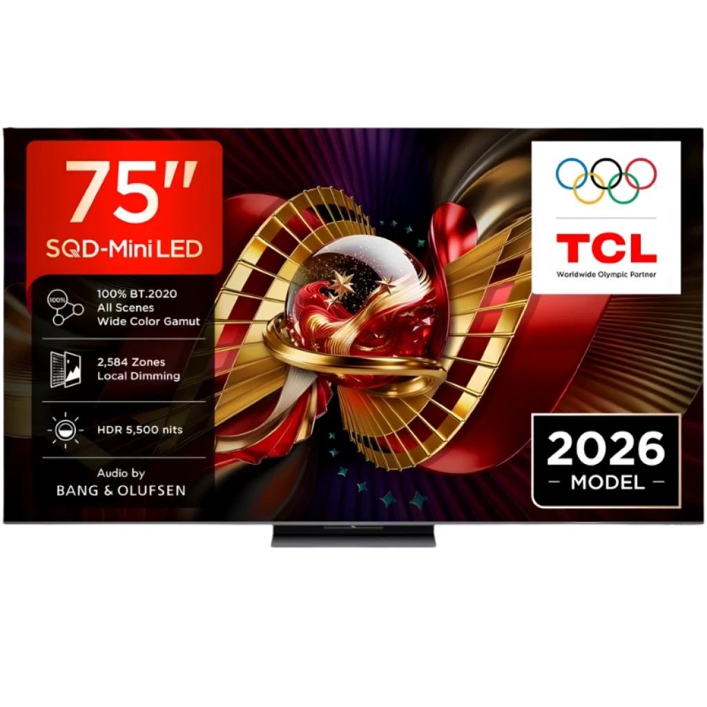 TCL 75C8L Smart TV QD‑Mini LED 75" 4K negro con biseles finos, HDR brillante hasta 4000 nits, atenuación local 1008 zonas y audio Bang & Olufsen