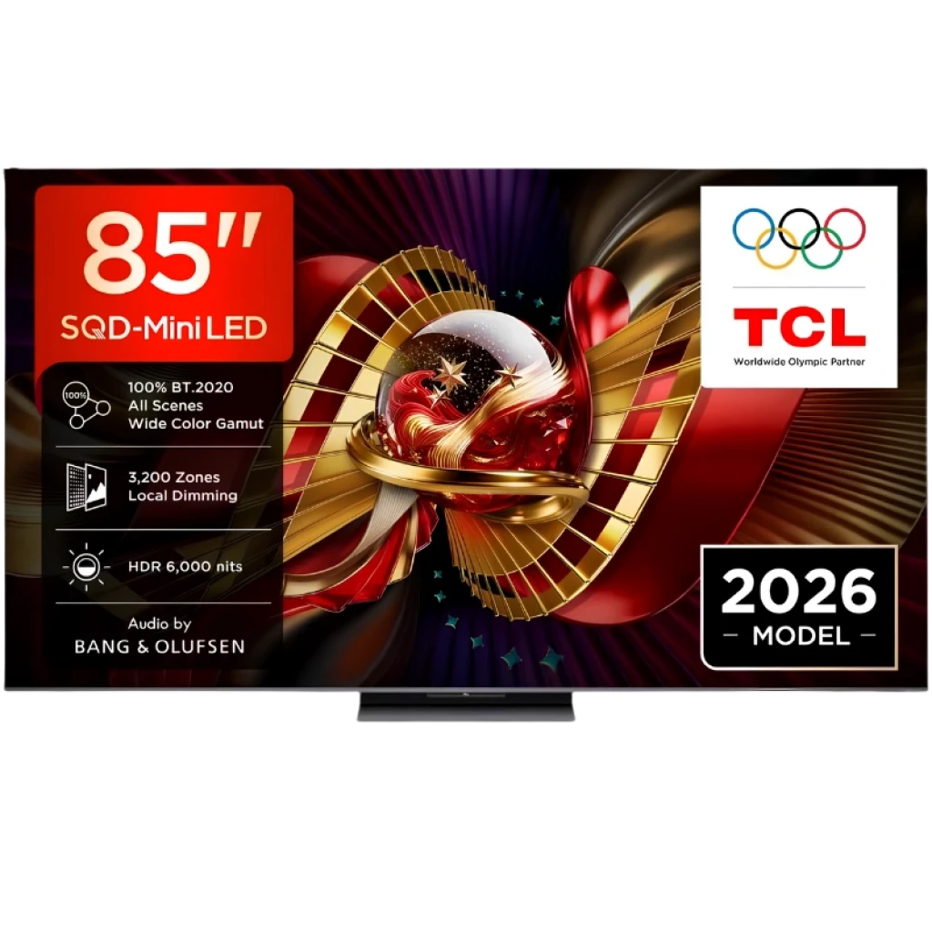 TCL 85C8L Smart TV QD‑Mini LED 85" 4K negro con biseles finos, HDR brillante hasta 3000 nits, atenuación local 1008 zonas y audio Bang & Olufsen