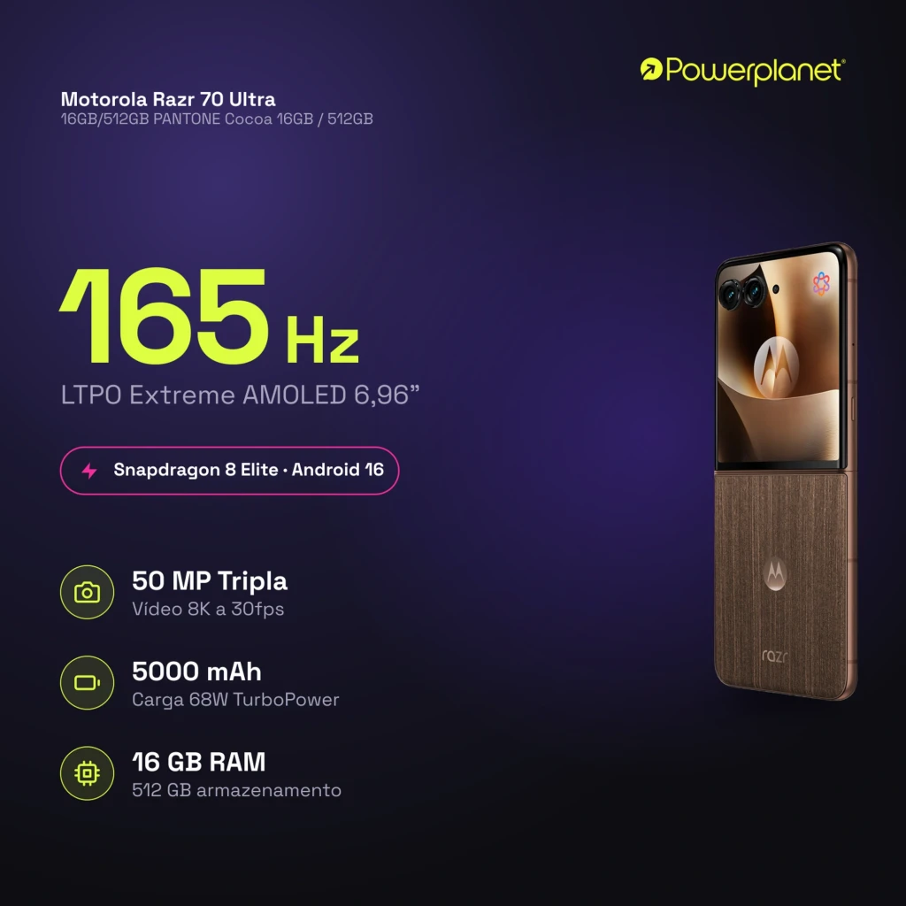 Motorola Razr 70 Ultra 5G en color Cocoa con pantalla LTPO Extreme AMOLED de 6,96 pulgadas, cámara triple de 50 MP y acabado premium tipo madera