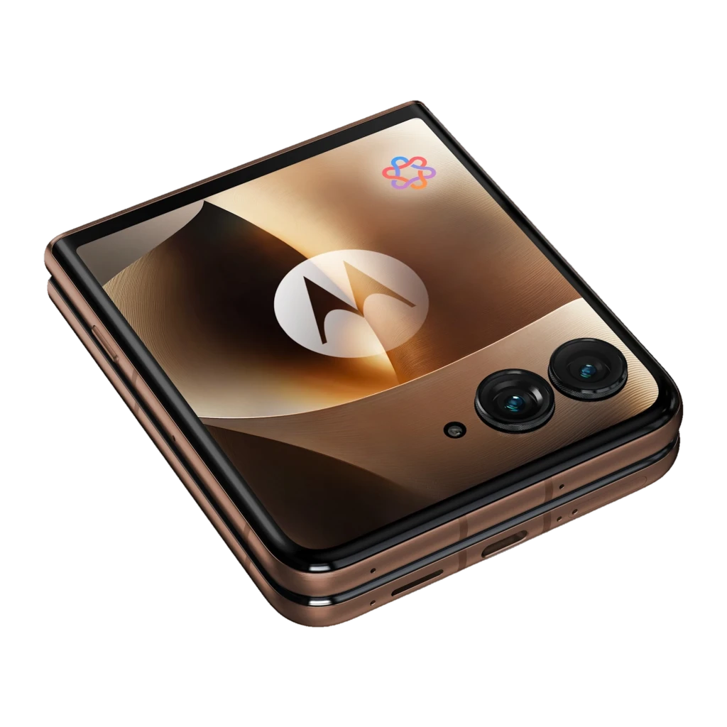 Motorola Razr 70 Ultra 5G Cocoa plegable con tapa en tono cobre, doble cámara trasera, pantalla externa amplia y acabado metálico elegante