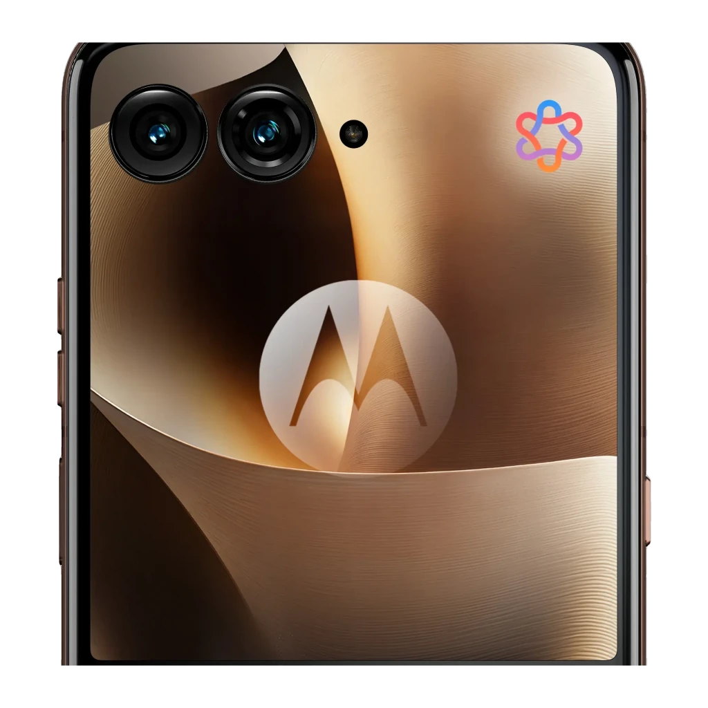 Doble cámara trasera con lentes grandes y logo M centrado en acabado Cocoa dorado metalizado; bordes curvos y módulo discreto en el Motorola Razr 70 Ultra 5G