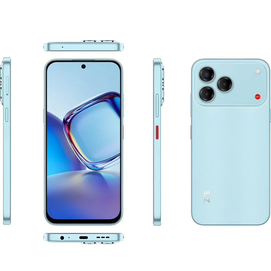 ZTE Blade V80 Vita 4G Cyan con pantalla 120Hz casi sin bordes, cámara triple trasera con flash, perforación frontal centrada y cuerpo delgado con USB-C