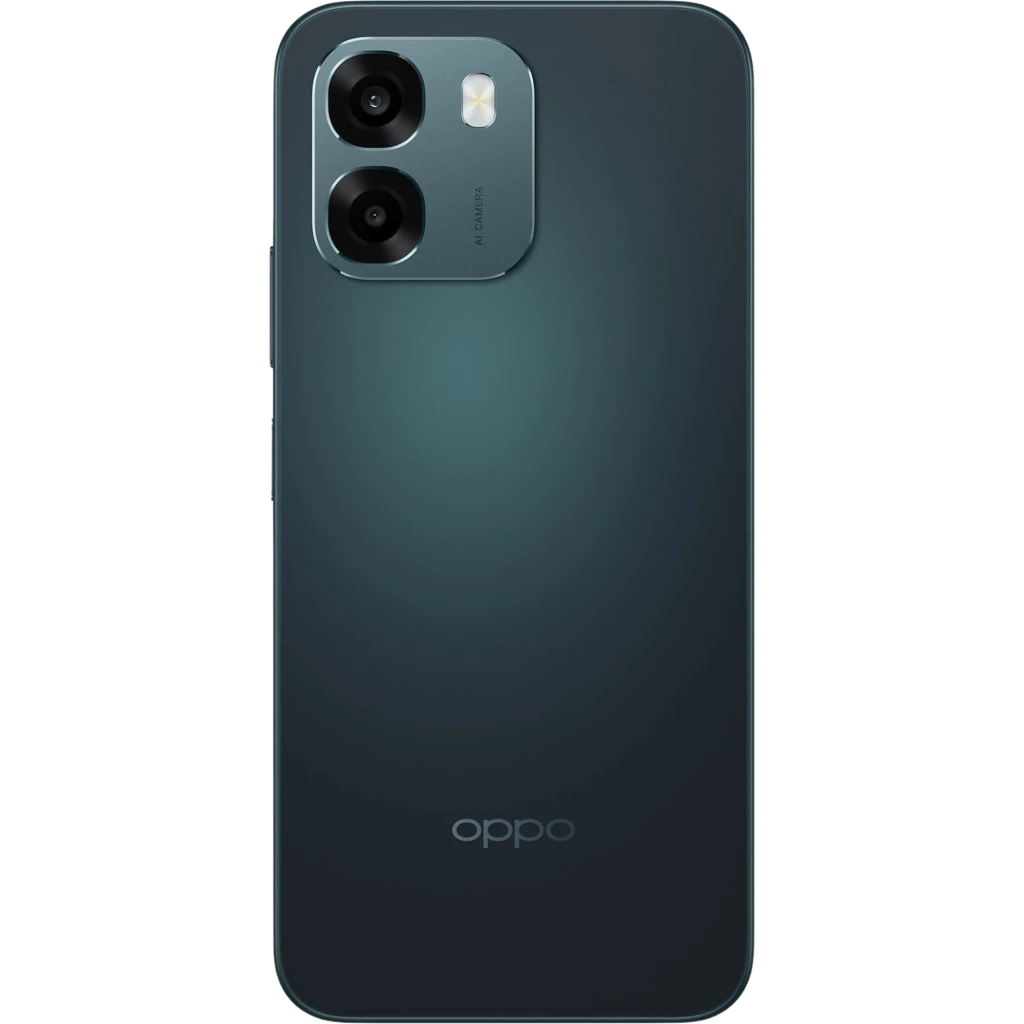 OPPO A6 5G negro con doble cámara trasera en módulo rectangular, acabado mate oscuro, logotipo OPPO inferior y bordes curvos elegantes