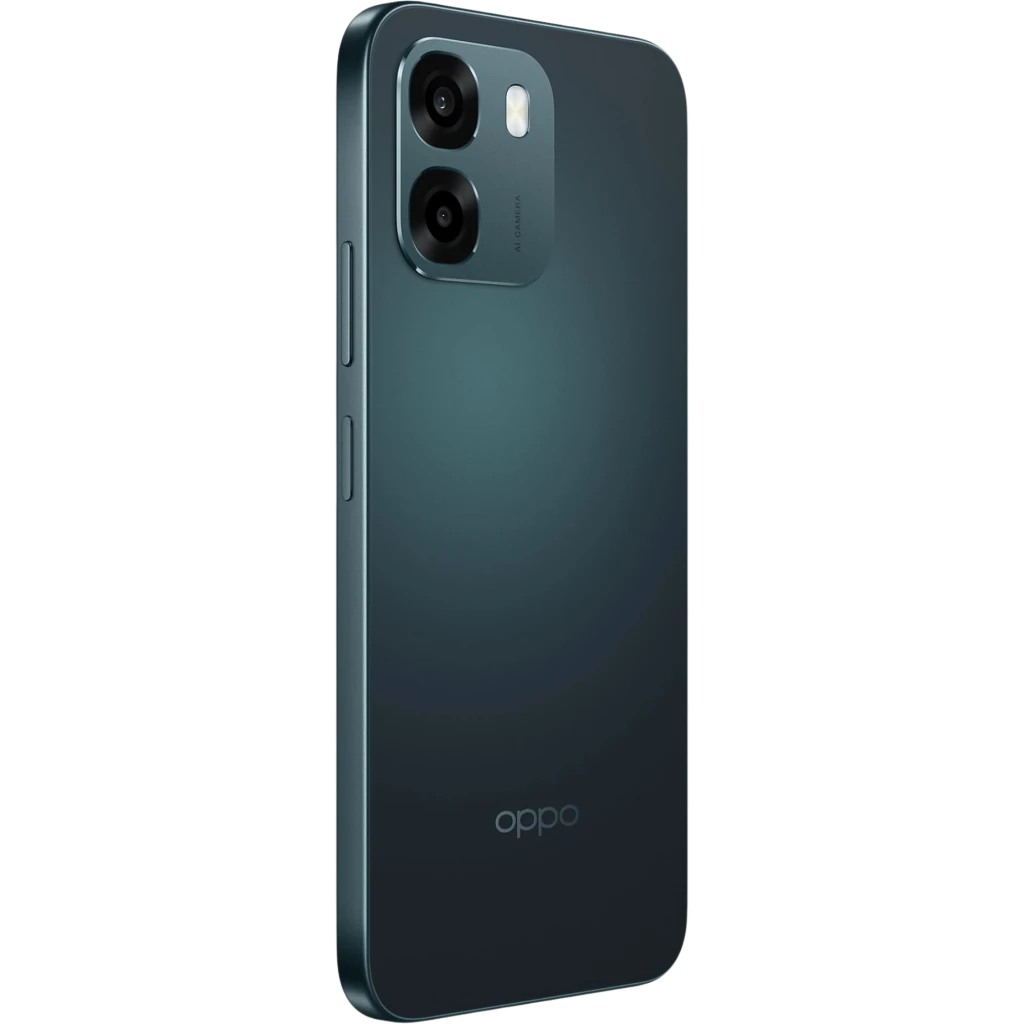 OPPO A6 5G negro con acabado mate, marco recto y doble cámara trasera en módulo rectangular; botones laterales y diseño delgado elegante