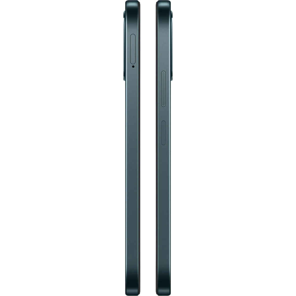 OPPO A6 5G Negro con bordes planos en aluminio, botones laterales y marco delgado; diseño simétrico y estilizado, perfil recto y acabado mate elegante