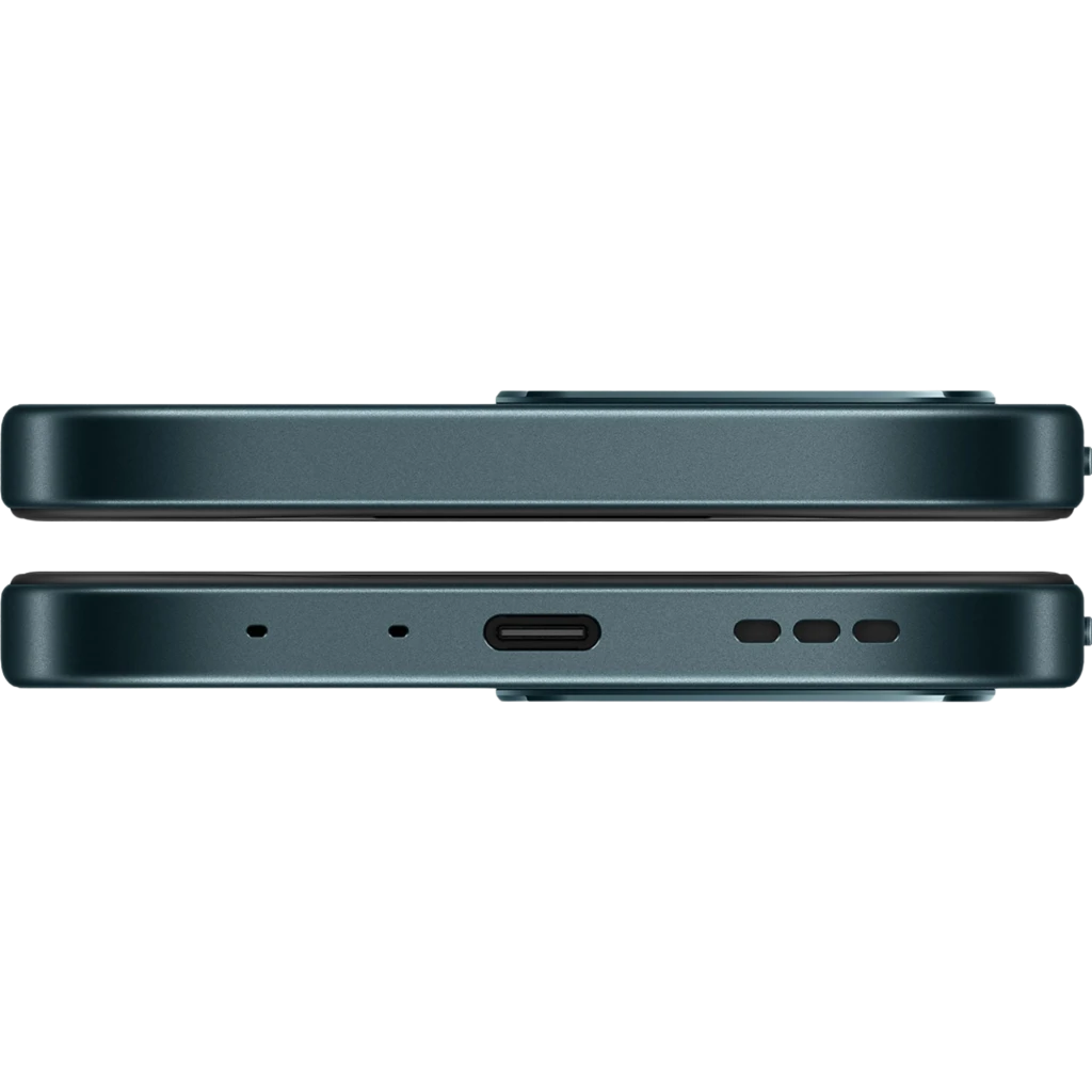 OPPO A6 5G negro con bordes rectos, módulo de cámara saliente, puerto USB-C centrado, rejillas de altavoz y micrófono en marco metálico elegante