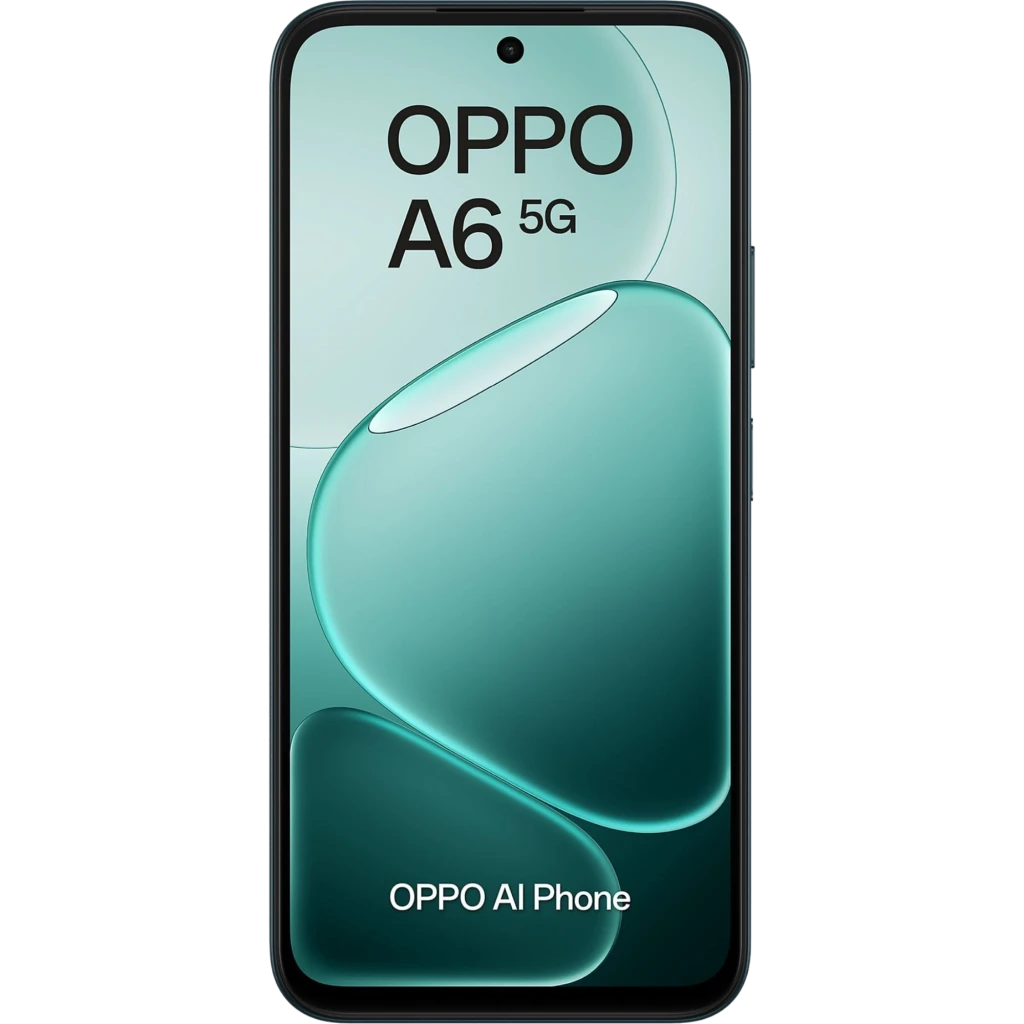 OPPO A6 5G negro con pantalla completa de bordes delgados, cámara frontal en orificio central, diseño elegante en tonos verde y negro, texto OPPO AI Phone