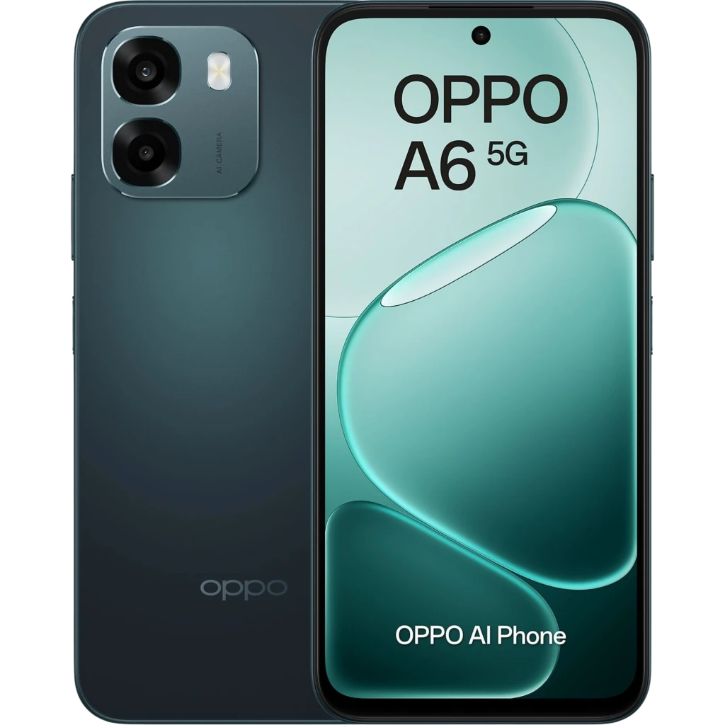 OPPO A6 5G 256 GB Negro, pantalla amplia con biseles finos, doble cámara trasera con anillos destacados, frontal con agujero para la cámara, diseño elegante