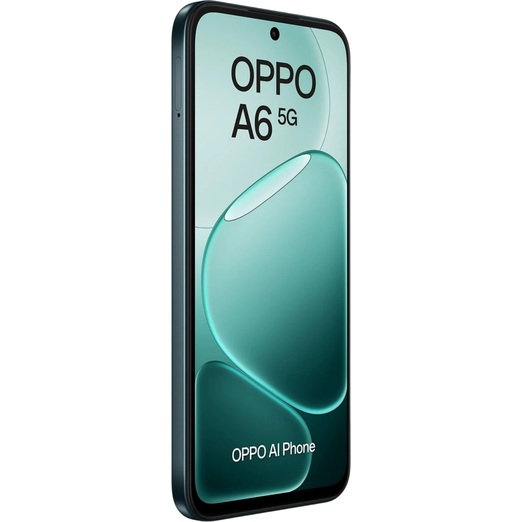 Smartphone OPPO A6 5G negro con pantalla amplia de bordes curvos, cámara frontal en orificio centrado y marco delgado elegante