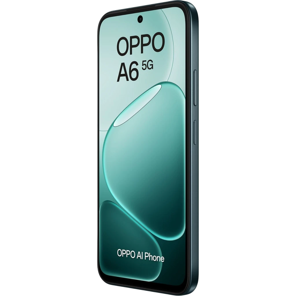 Smartphone OPPO A6 5G negro con pantalla perforada, bordes planos y botones laterales; diseño elegante, frontal casi sin marcos y acabado mate sobrio