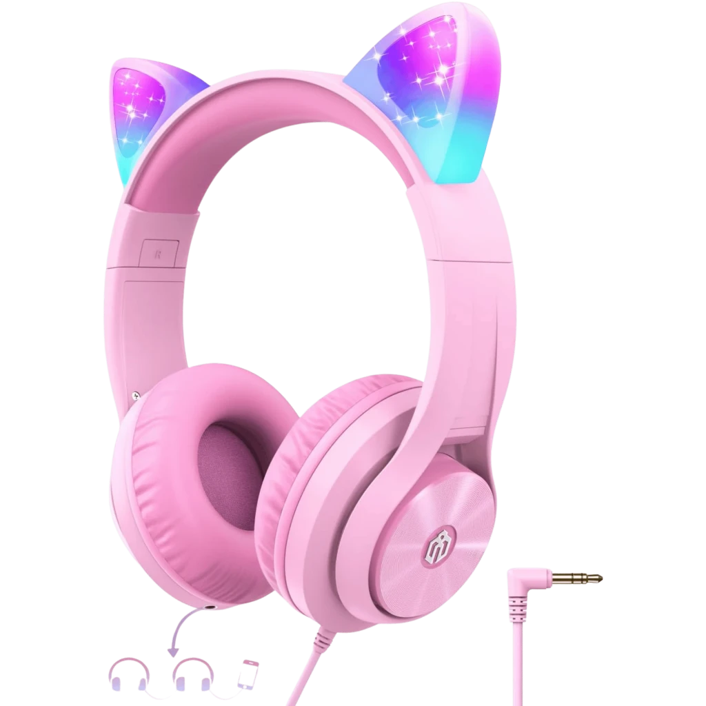 HS20 Cat Ear iClever rosa con orejas LED multicolor, diadema acolchada, almohadillas suaves, drivers 40 mm y cable con jack 3.5 mm en ángulo con protectores