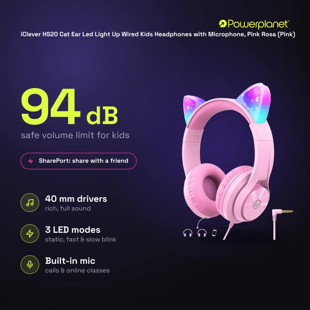 HS20 Cat Ear iClever Purple diadema rosa con orejas LED multicolor, limitador 94 dB, altavoces 40 mm, micrófono integrado y cable Jack 3.5 mm