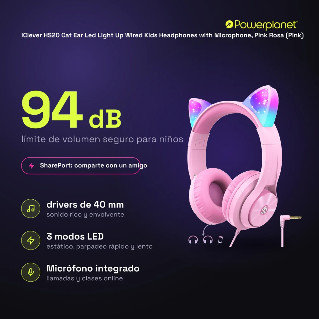 HS20 Cat Ear iClever Purple Diadema con cable Jack 3.5mm 40mm, orejas LED multicolor, acolchado rosa, micrófono integrado, límite seguro 94 dB, 3 modos LED