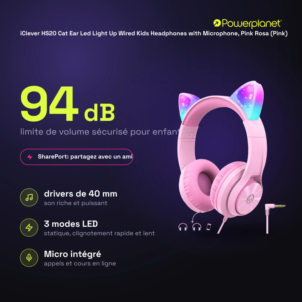 HS20 Cat Ear iClever Purple Diadema con orejas LED multicolor, color rosa, drivers 40 mm, micrófono integrado y cable Jack 3.5 mm con conector en L