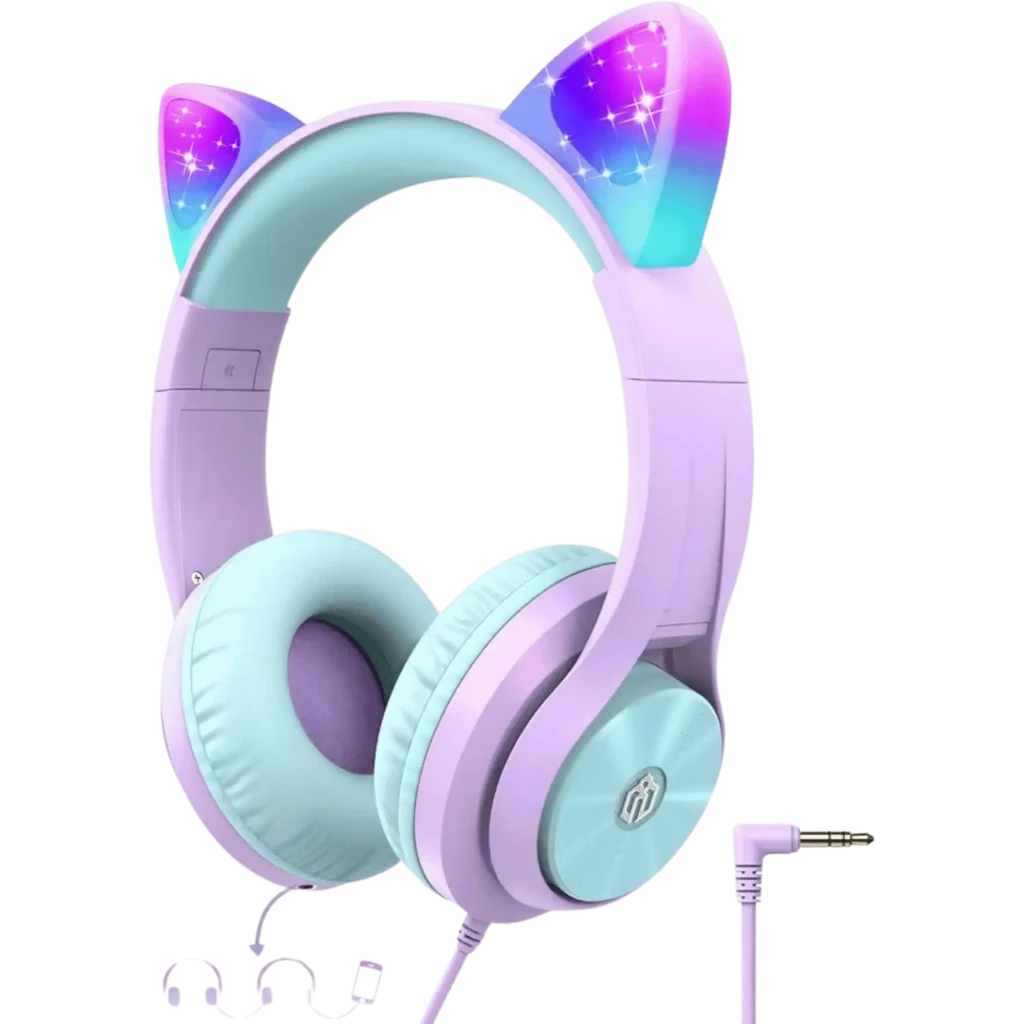 HS20 Cat Ear iClever Purple diadema morada con orejas LED multicolor, cojines acolchados menta, drivers 40 mm y cable con conector jack 3.5 mm