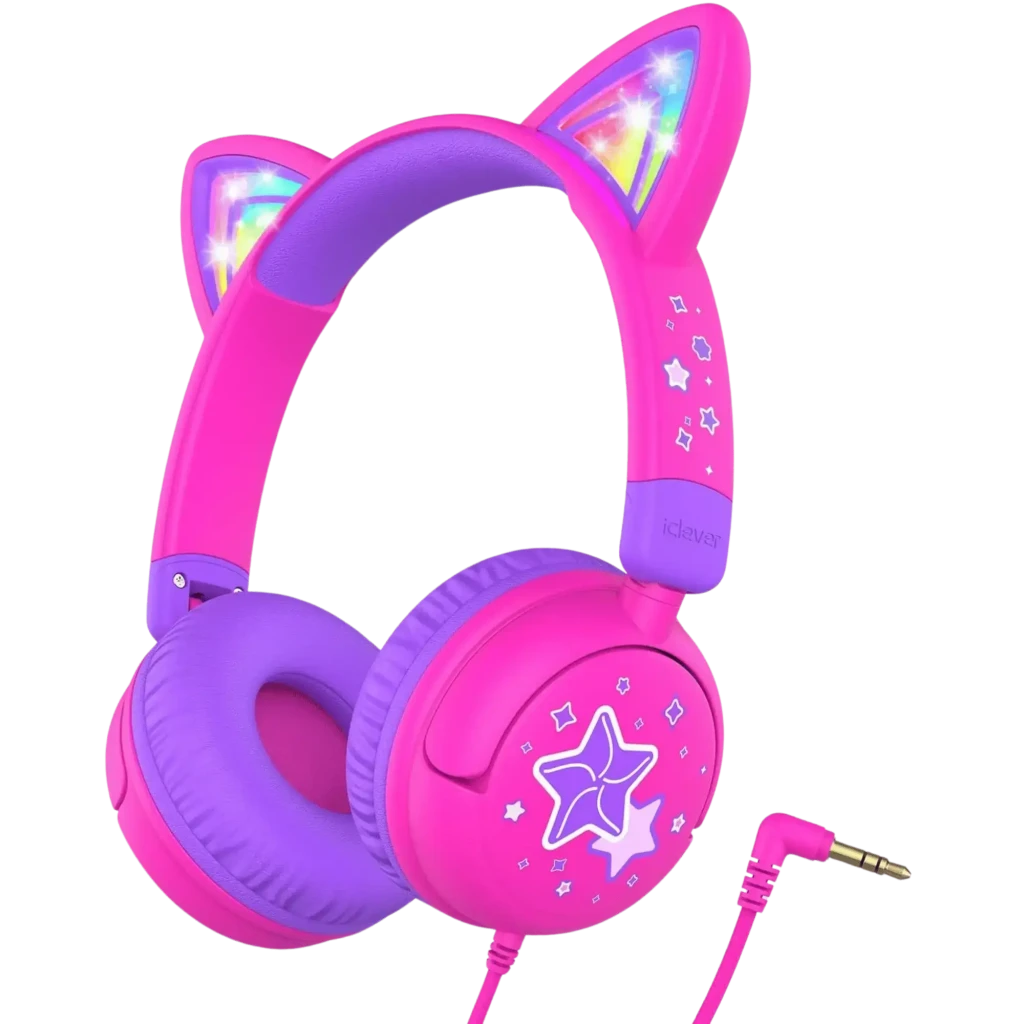iClever HS25 Rosa auriculares infantiles con orejas de gato LED multicolor, almohadillas moradas, diadema acolchada y limitador de volumen 85 dB, cable 3.5 mm