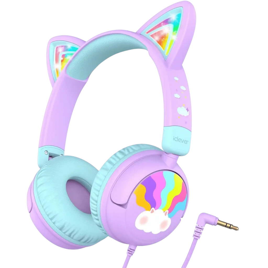 iClever HS25 Púrpura auriculares infantiles con orejas de gato LED, diseño nube arcoíris, almohadillas turquesa y cable con jack 3.5 mm, limitador 85 dB