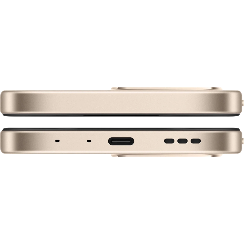 Borde inferior del OPPO A6 5G 256 GB Aurora Gold con puerto USB‑C centrado, micrófonos, rejilla de altavoz y marco dorado plano con módulo de cámara