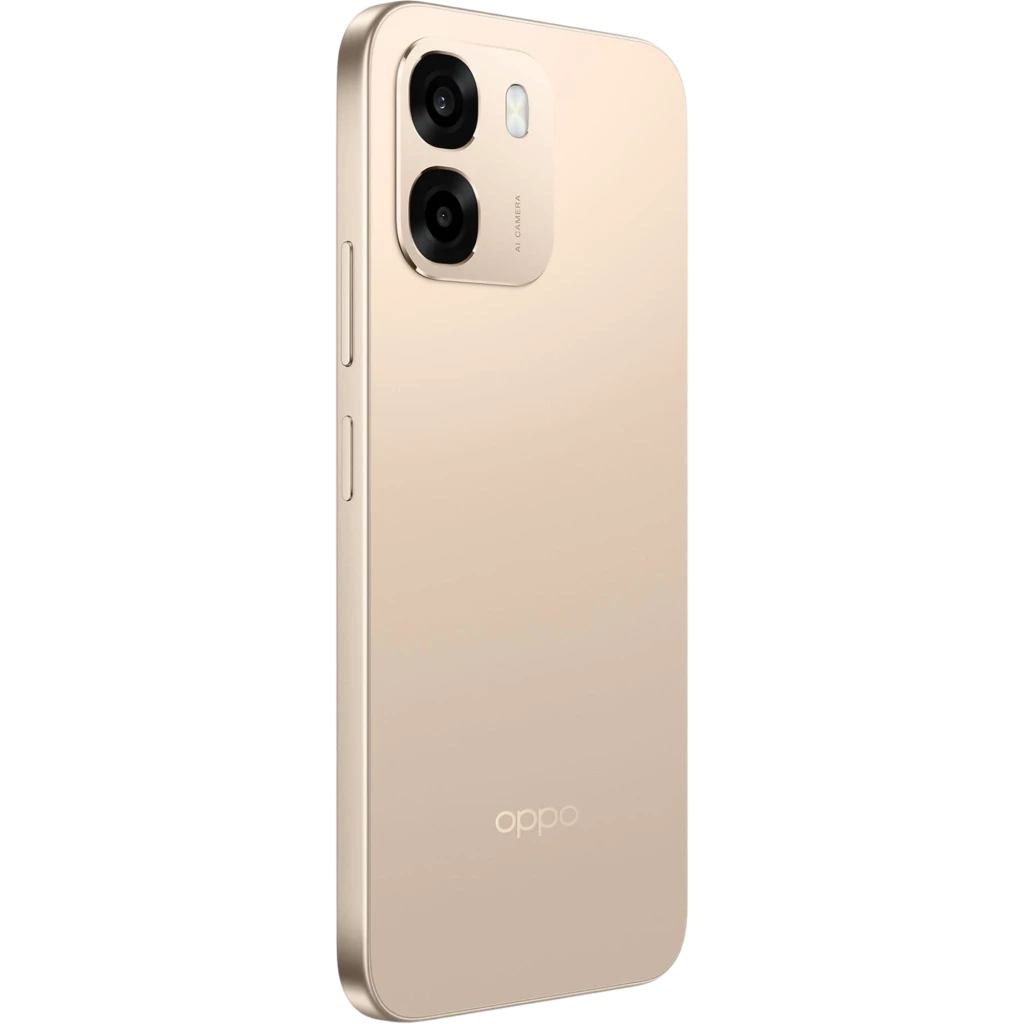 OPPO A6 5G 256 GB Aurora Gold 6 GB IP68 en dorado mate, bordes planos, doble cámara trasera con módulos grandes y flash, logo OPPO en la parte baja