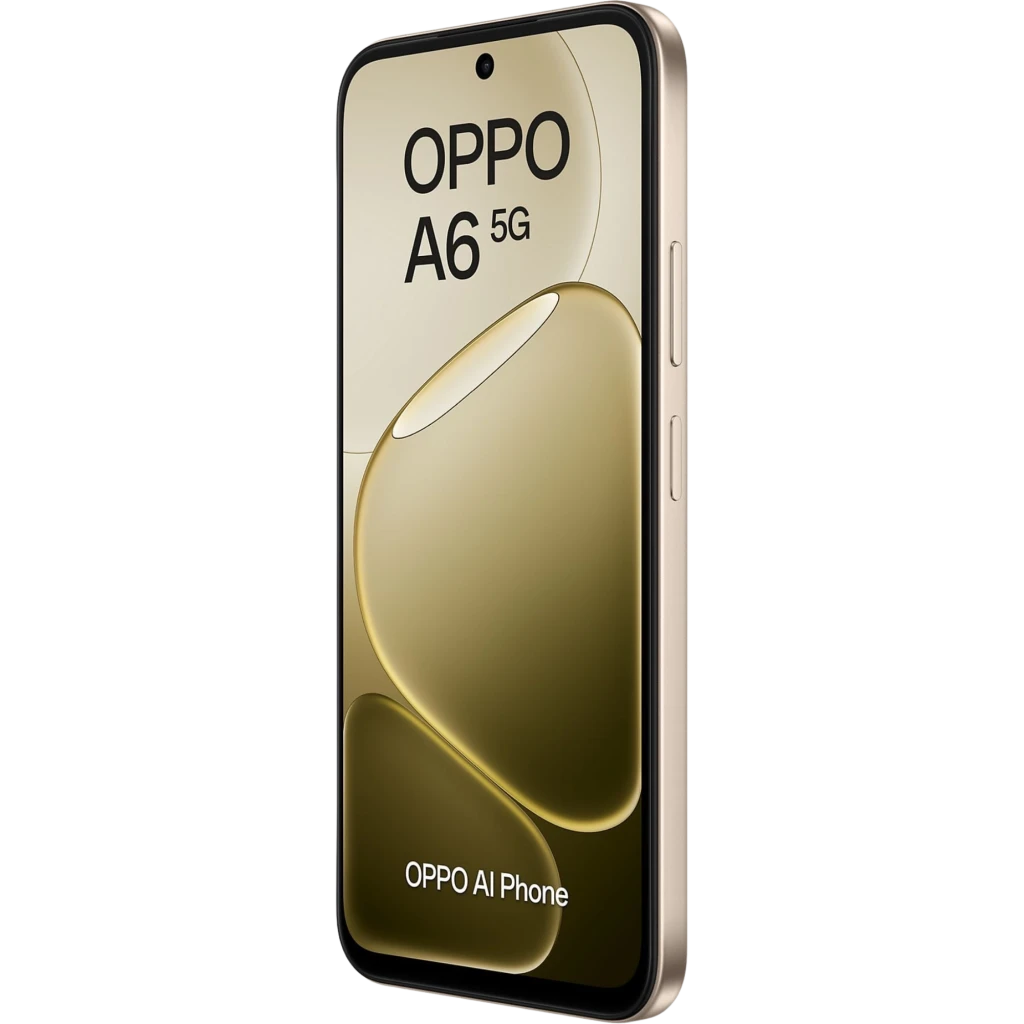 OPPO A6 5G 256 GB Aurora Gold con pantalla perforada, bordes dorados, cámara frontal centrada y botones laterales; diseño elegante y resistente IP68