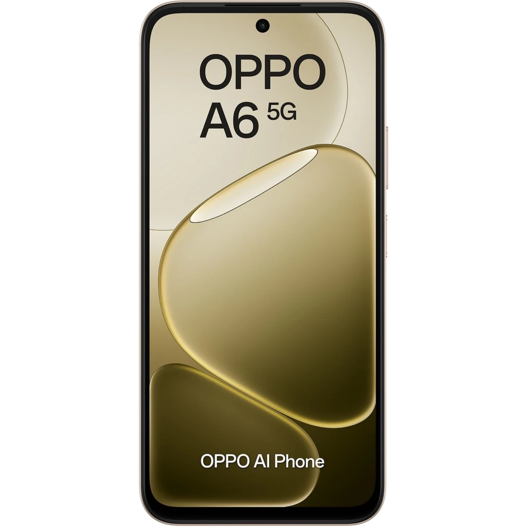 OPPO A6 5G 256 GB Aurora Gold, frontal con pantalla completa y biseles finos, cámara frontal en orificio central, tono dorado elegante, texto OPPO AI Phone.