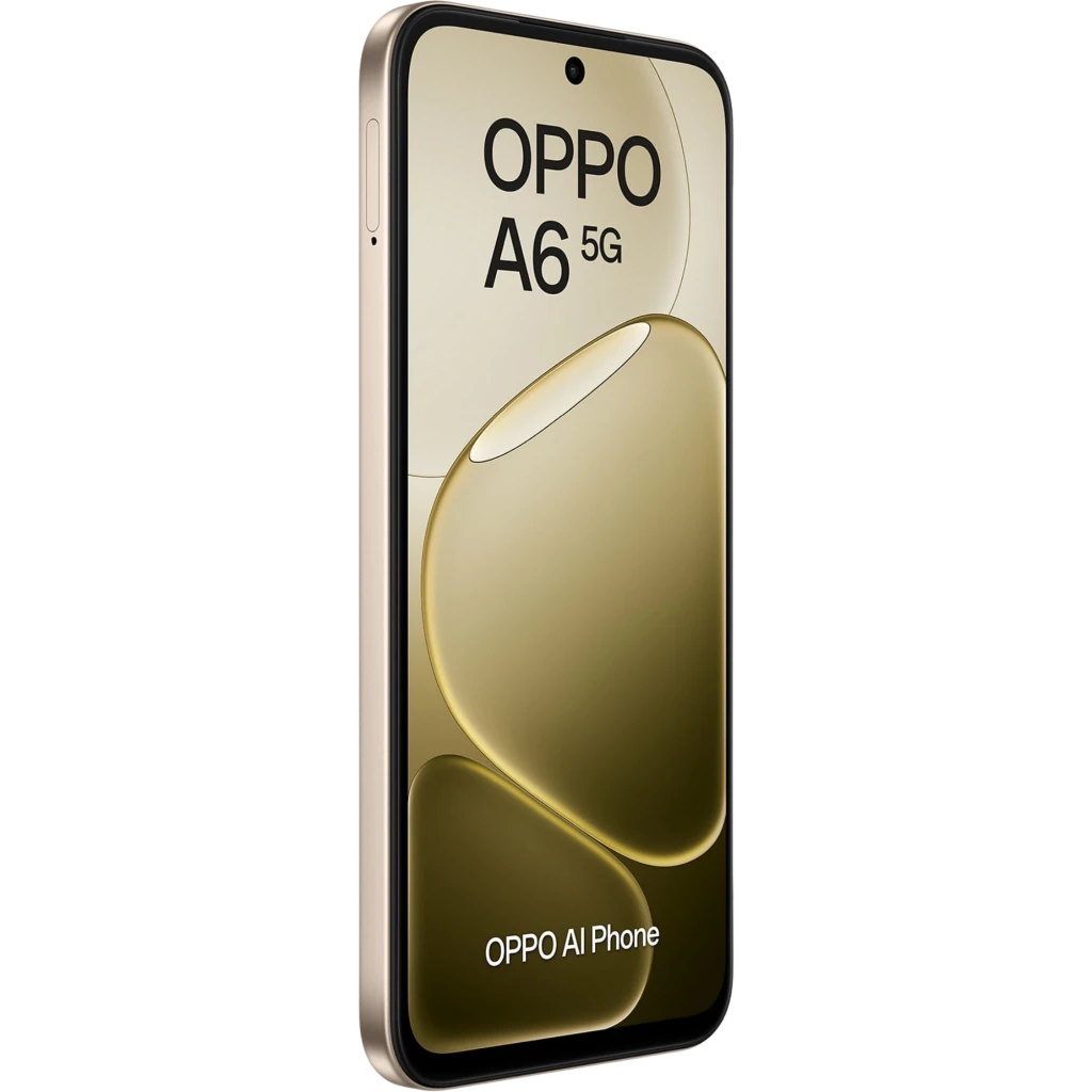 Smartphone OPPO A6 5G en color Aurora Gold con pantalla borde a borde, cámara frontal en orificio centrado y marco metálico delgado elegante IP68