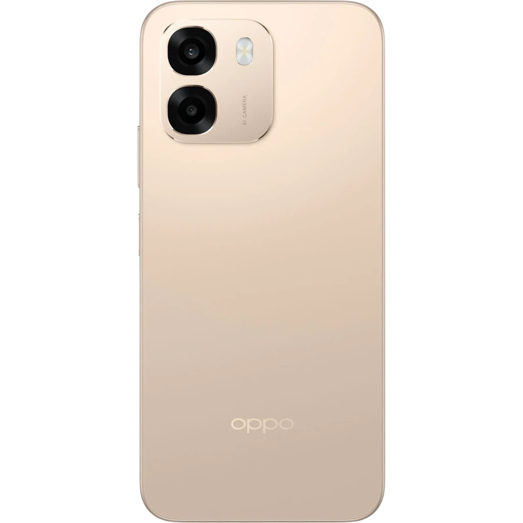 OPPO A6 5G 256 GB Aurora Gold 6 GB IP68 con tapa trasera dorada mate, doble cámara vertical con flash en módulo rectangular y logotipo OPPO inferior
