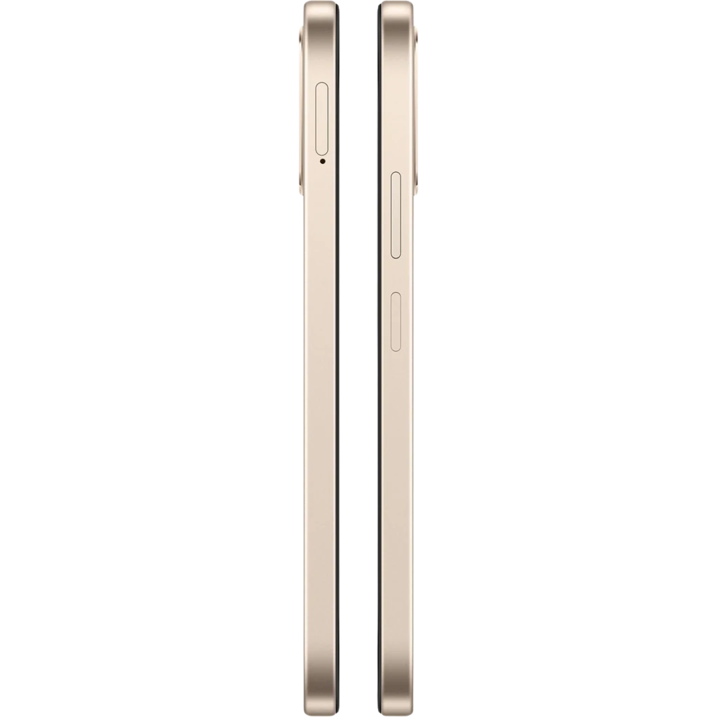 Bordes laterales dorados Aurora Gold con marcos planos, botones de volumen y encendido visibles, diseño delgado y acabado metálico del OPPO A6 5G 256 GB 6 GB