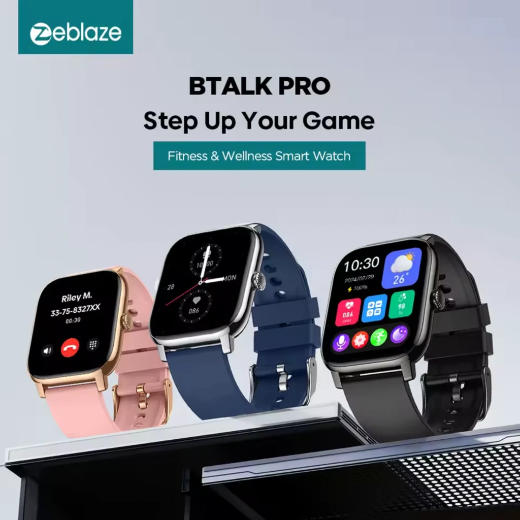Zeblaze Btalk 3 Pro smartwatch dorado con pantalla AMOLED 1,43 pulgadas, bisel metálico, correa rosa, iconos coloridos y diseño elegante IP68 14 días