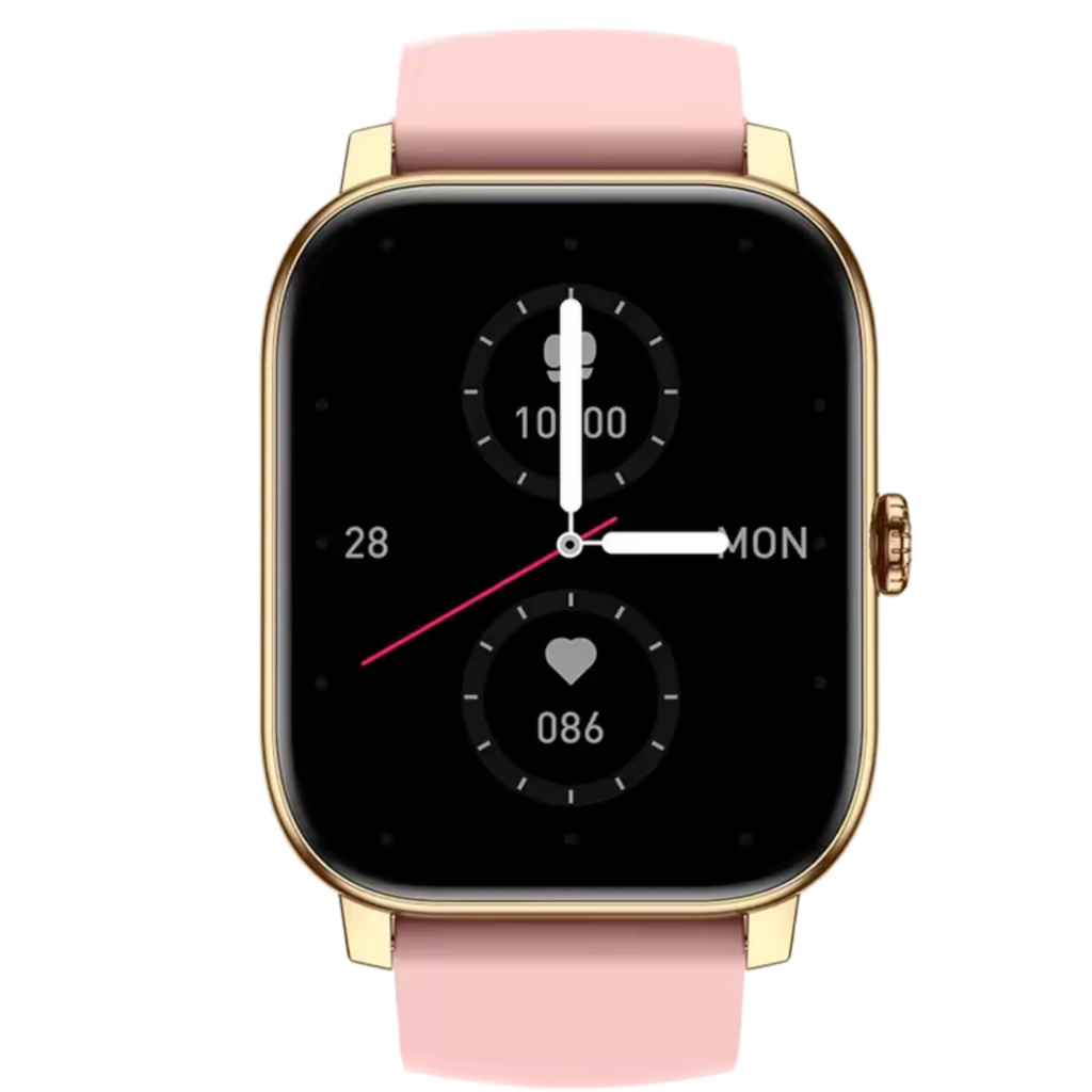 Zeblaze Btalk 3 Pro smartwatch dorado con pantalla AMOLED 1,43, caja metálica brillante y correa rosa; esfera negra con indicadores de pasos y ritmo cardíaco