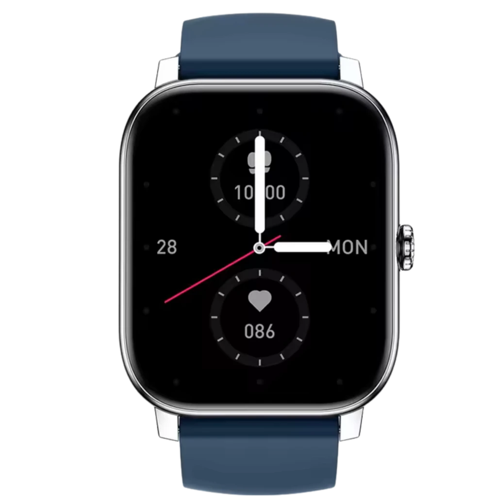 Zeblaze Btalk 3 Pro smartwatch plateado, pantalla AMOLED 1,43 pulgadas, bisel metálico brillante, botón lateral estriado y correa azul oscuro elegante