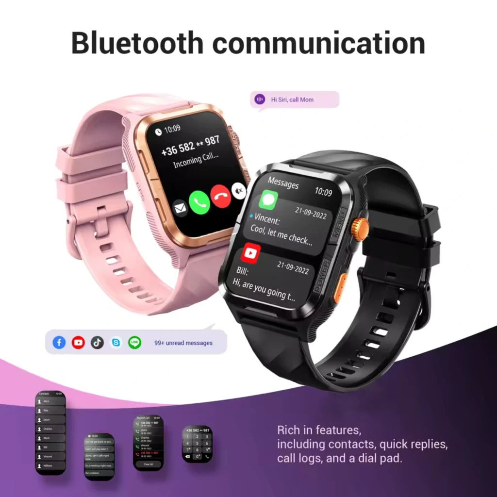 Blackview W10 Pro Smartwatch 11 días IP68 Negro con pantalla cuadrada, bisel y botones dorados, correa de silicona, llamadas Bluetooth y notificaciones en