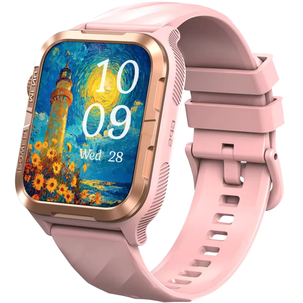 Blackview W10 Pro Smartwatch rosa con caja dorada, pantalla cuadrada colorida, correa de silicona, bordes robustos y hebilla doble; estilo deportivo elegante