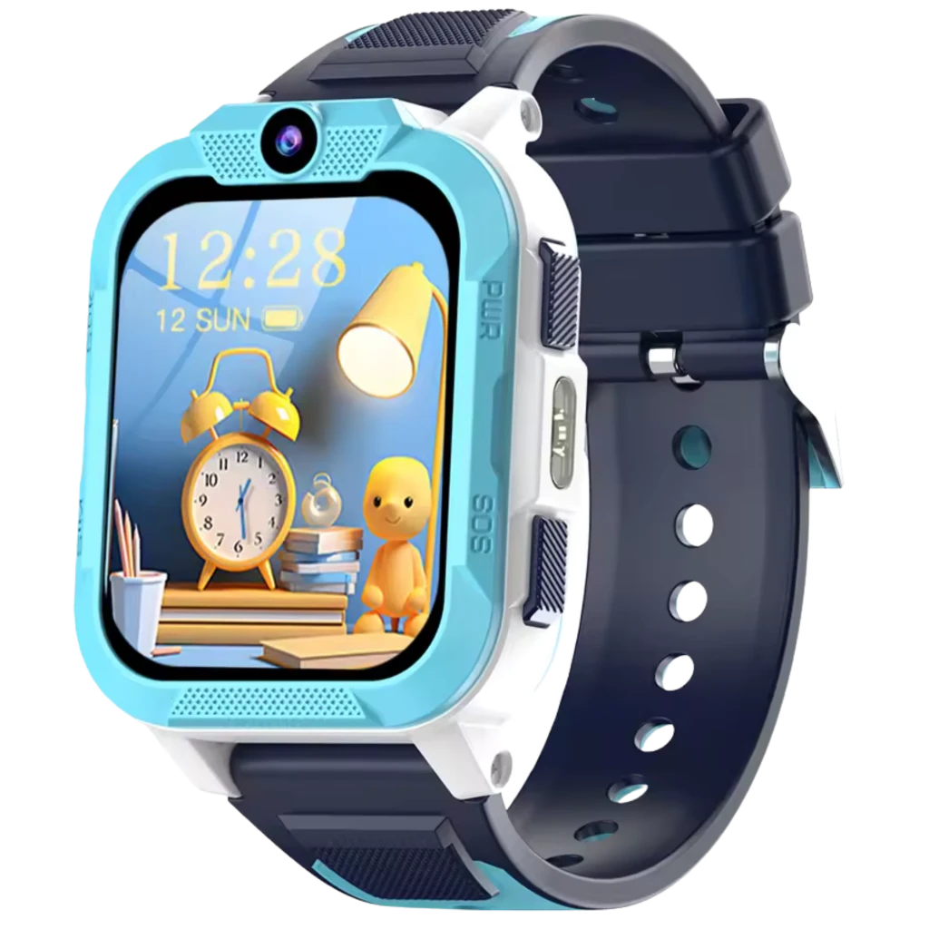 Reloj infantil azul con cámara frontal, pantalla a color con hora y dibujos, correa de silicona azul marino, botones laterales PWR y SOS, diseño robusto IP68