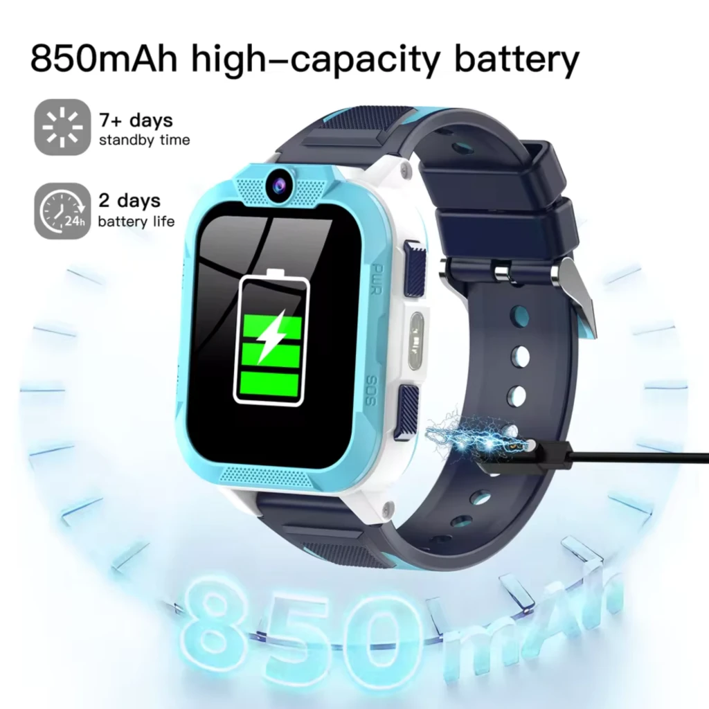 Reloj infantil azul con pantalla a color, cámara frontal, GPS, botón SOS y correa bicolor; batería 850 mAh con carga magnética y resistencia IP68